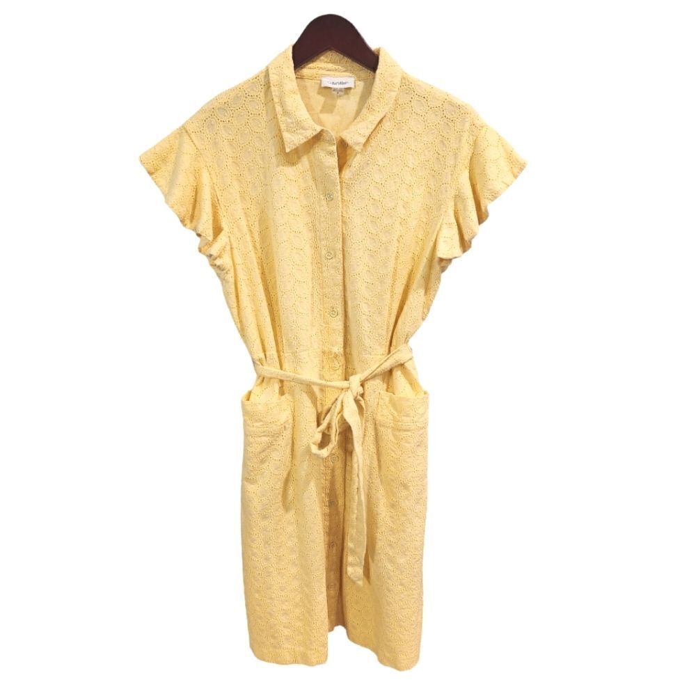 Calvin Klein Eyelet Shirt Dress Flutter Sleeve Belt Yellow 12 Women's - Picture 2 of 8